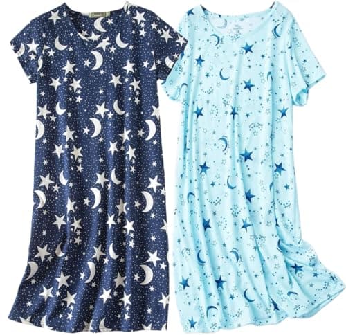 Image of BERDITH 2 Pack Nighties for Women Nightdress Ladies Cotton Blend Nightie Soft Night Dress Womens T Shirt Nightdresses Summer Plus Size Nightwear Sleep & Lounge UK 26-28 navy stars Mum Mummy