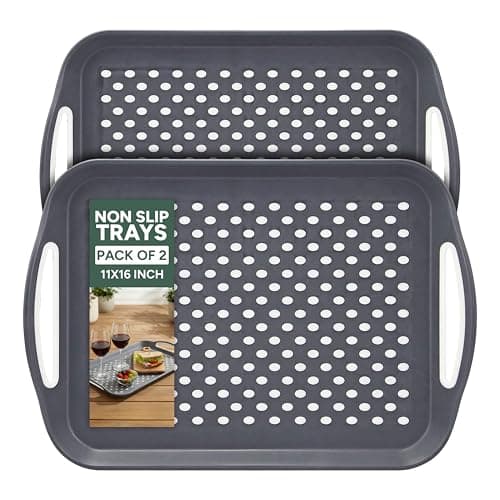 Image of Zuvo Anti-Slip Food Serving Tray with Handles (Set of 2) – BPA-Free Plastic, Lightweight & Durable – Non-Slip couch Trays for Eating & Drinks (Grey)