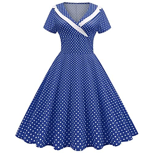 Image of IWEMEK Women 1950s Vintage Retro Rockabilly Dress Lapel V-Neck Slim A-line 50s 60s Pinup Audrey Hepburn Style Polka Dot Swing Dresses Summer Casual Pageant Party Cocktail Evening Gown Blue XXL