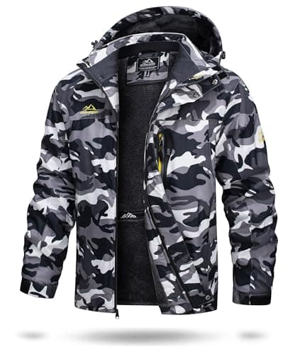 Image of TACVASEN Mens Jackets Full Zip Fleece Jacket Outdoor Waterproof Coats with Detachable Hood for Winter Autumn Black Camo,L