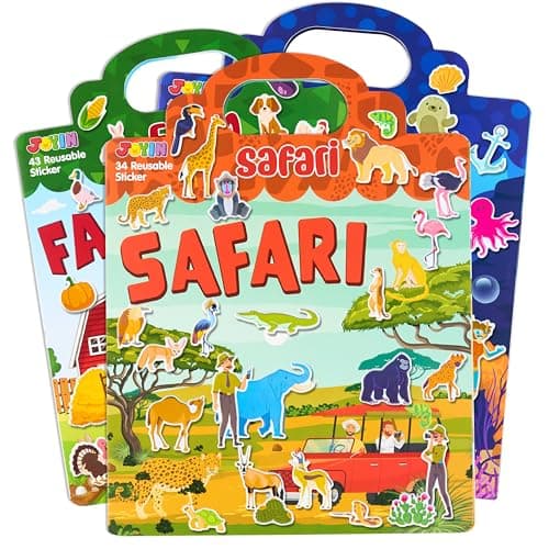 Image of JOYIN 3 Sets Reusable Sticker Book for Kids, 122Pcs 3D Travel (Farm, Ocean, Safari) Stickers for Kids, Waterproof Sticker Books for Children Age 3+