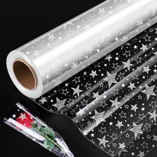 Image of 80cm*15m Cellophane Wrap Roll,DXTXTJ Clear Cellophane Wrap for Hampers,White Star Transparent Cellophane Roll,Clear Wrapping Paper for Present Birthday Christmas Decoration