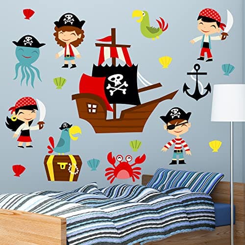 Image of Pirate Wall Sticker - Cute Cartoon Pirate Wall Decal Set Kids Art (60cm Width x 50cm Width)