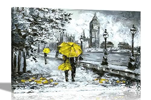 Image of Couple Holding Yellow Umbrella in London Canvas Art Pictures Framed Hanging Stretched Wall Art Oil Painting Reproduction For Living Room Gift 40 x 30cm (16 x 12 inches) A3