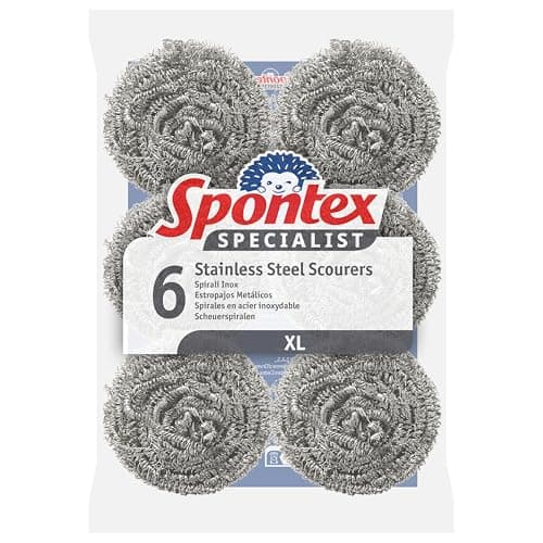 Image of Spontex Specialist Stainless Steel Scourers | XL | Tough Metal Scourers for Professional Washing Up, Grease Removal and Dish Scrubbing | 6 Pack