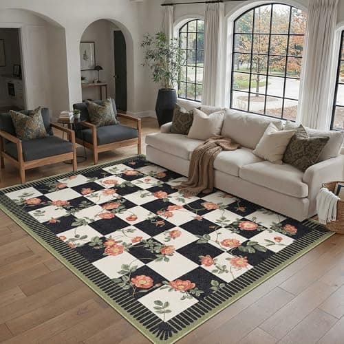 Image of PureCozy Rugs Living Room 160x230cm Washable Flower Area Rug Non Slip Checkered Modern Floral Low Pile Carpet Dining Room Bedroom Kitchen Hall Lounge Office, Black&White