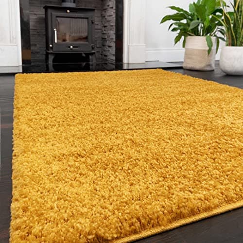 Image of Ochre Yellow Shaggy Lounge Living Room Rug Modern Mustard Soft Plain Fluffy Bedroom Carpets Hallway Children's Mat Area Rugs 81cm x 151cm