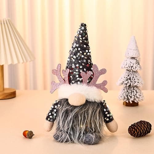 Image of Bobety Light Up Gnome Christmas Decorations - Handmade Swedish Santa Gnomes with Sequins Hat, LED Gonks for Indoor Holiday Decor (Grey)