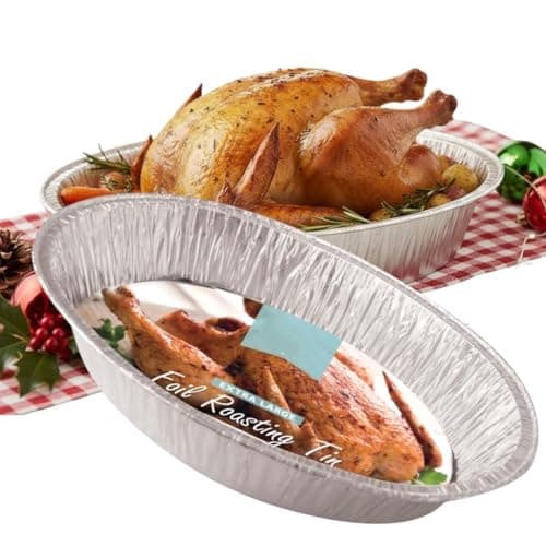 Image of 4 x Extra Large Foil Turkey Roasting Trays - Large Oval Disposable Oven Tin - Size 46cm x 34cm x 8.7cm - Roaster for Meat Joints, Veg, Baking, Catering, Buffet Food - Foil Baking Tray