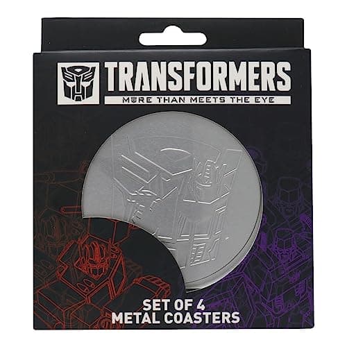 Image of Transformers Coasters Set of 4 – Embossed Metal Drink Coasters with Autobot & Decepticon Designs – Officially Licensed, Non-Slip Cork Base, Gift Boxed Collectible