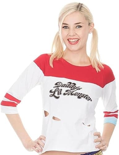 Image of Coco Brands Suicide Squad Harley Quinn Daddy Little Monster Halloween Costume Cosplay for Women White Raglan T-Shirt