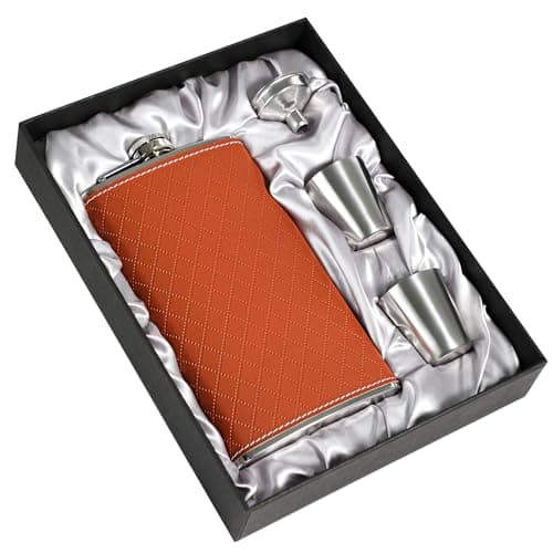 Image of LHD HOME Flask for Men,350ml/12oz Hip Flask,304 Food Grade Stainless Steel,2 Cups and Funnel Portable Gift Box for Whiskey Rum Groomsman Best Man Usher Wedding-Leather Rhomboid Stripe Brown