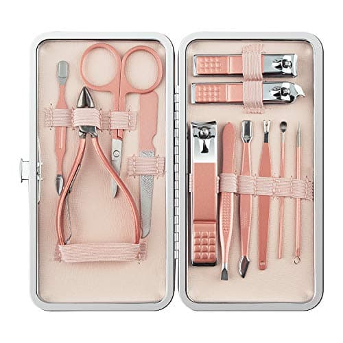 Image of Manicure Set, 12 In 1 Stainless Steel Professional Pedicure Kit Nail Scissors Grooming Kit with Pink Leather Travel Case Pink