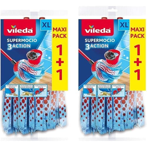 Image of 4 x Vileda SuperMocio 3 Action XL Mop Refills – Maxi Pack 1+1 Pack | Microfibre Mop Head Replacement for Stubborn Dirt & Grease | Floor Cleaning Refills for Tile, Laminate & Wood