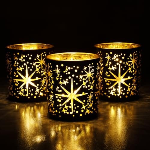 Image of Toptime Tea Light Candle Holders, Star Pattern Glass Candle Holders Set of 3, Romantic Tealight Holder for Table Centrepiece, Gold and Black Votive Candles Holder for Christmas, Anniversary, Birthday