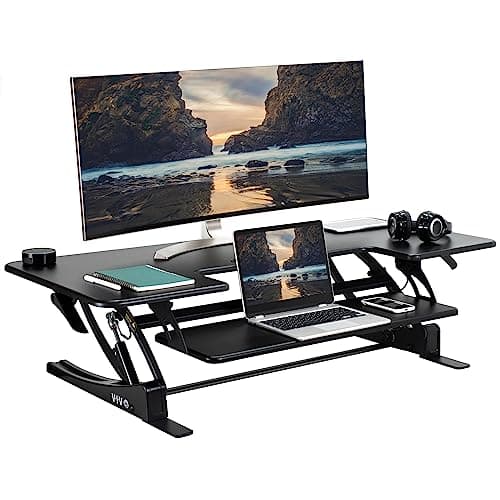 Image of VIVO 122cm Height Adjustable Large Stand Up Desk Converter, V Series, Quick Sit to Stand Tabletop Dual Monitor Riser Workstation, Black, DESK-V048V