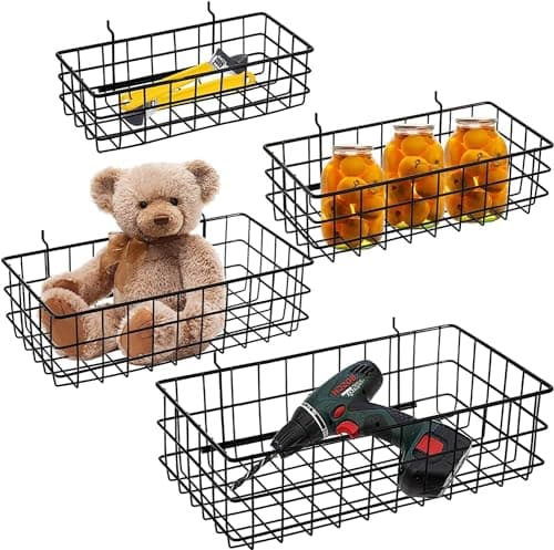 Image of 4 Pack Pegboard Baskets Bins Set, Square Style 4 Size Black Metal Wire Shelves Hooks to Any Peg Board - Organize Tools, Workbench, Accessories, Garage Storage Wall Mount Organizer Attachments
