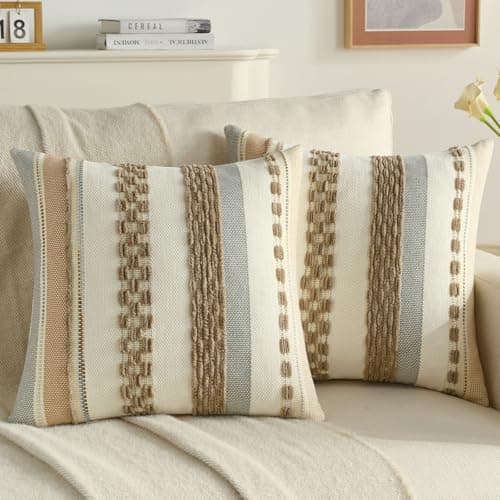 Image of FUTEI Set of 2 Soft Chenille Tufted 45cm x 45cm Cushion Covers Colorful Striped Textured Scatter Pillow Covers 45 x 45 cm Modern Boho Accent for Sofa Bed Living Room, Khaki