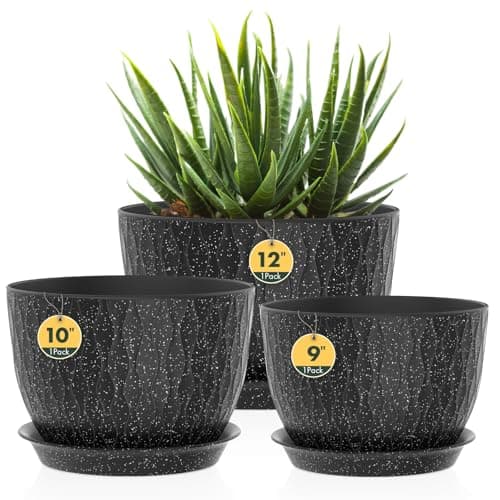 Image of 3 Pack Plastic Plant Pots,30/25/23CM,Large Plant Pots Indoor Flower Pots with Drainage Holes Saucer and Reservoir for All House Plants(Black with White Speckles)