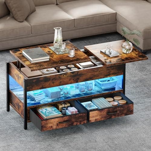 Image of DWVO Lift Top Coffee Table Height with Storage, Lift Up Coffee Tables for Living Room with 2 Drawers and Hidden Compartment, LED Coffee Table for Living Room, Rustic Brown, 106 x 50 x 51.5 cm