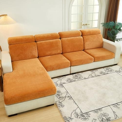 Image of ZCXRYFL Sofa Seat Cushion Covers Velvet Back Cushion Cover Corner L U Shaped Chaise Longue Universal Couch Slipcover 1 2 3 4 Seater Cushion Cover For Cat Dog(Pillowcase:45X45cm,Orange)
