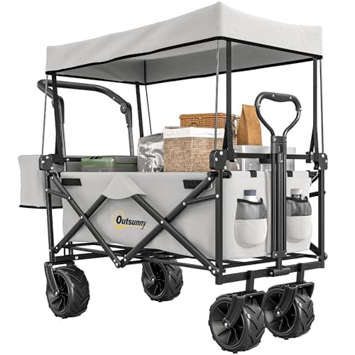 Image of Outsunny 120L Festival Trolley on Wheels, Folding Camping Trolley Cart with Removable Canopy, All-Terrain Wheels, Adjustable Handle, Push or Pull for Garden Beach Fishing Shopping, Grey