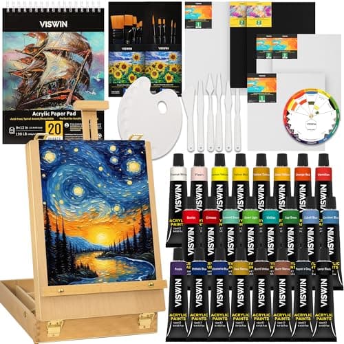 Image of VISWIN 62 Pcs Acrylic Paint Set with Easel Box, Painting Kit with 24 Acrylic Paints, Canvases, Brushes, Palette, Paper Pad, Art Supplies, Art Set Gift for Adults, Kids, Beginners, Artists