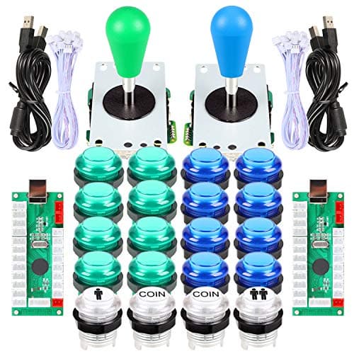 Image of EG STARTS 2 Player LED Arcade DIY Parts 2X USB Encoder + 2X Ellipse Oval Style Joystick + 20x LED Arcade Buttons for PC MAME Raspberry Pi Windows System (Green & Blue Kit)