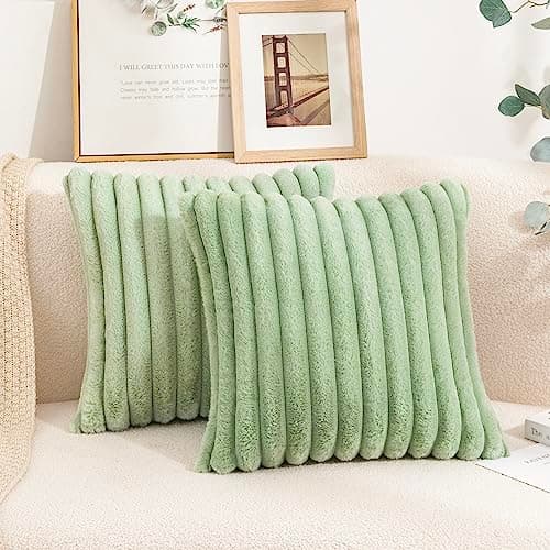 Image of Uhomy Set of 2 Faux Fur Home Decorative Throw Pillow Cover Luxury Super Soft Fuzzy Striped Furry Pillowcase for Sofa Couch Bedroom Comfy Thick Fluffy Plush Cushion Cover 20x20 Inch Sage Green 50 cm