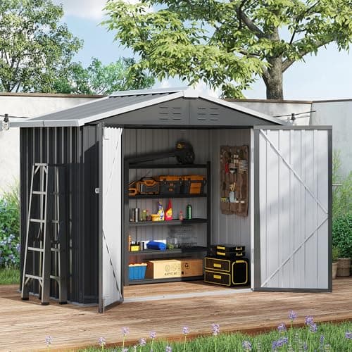 Image of Amopatio Metal Garden Storage Shed 6x4 ft, Outdoor Tool Storage Shed 200x131x192 cm, BikeShed Waterproof with Lockable Door for Winter, Backyard, Patio, Garbage Bin, Tools, Black