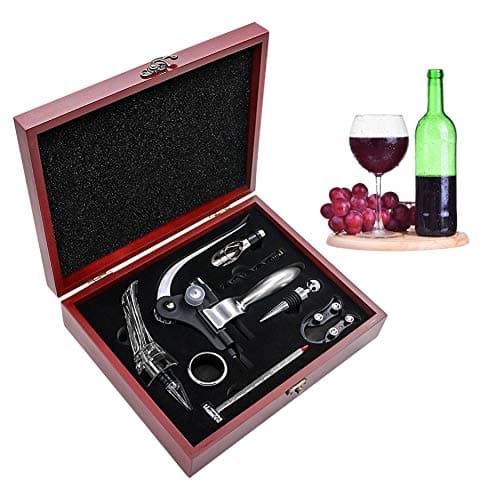 Image of SumDirect Wine Opener Set, Lever-Arm Rabbit Corkscrew, Wine Accessory Sets with Bottle Opener, Foil Cutters, Aerator, Wine Stopper, Thermometers, Drip Rings, Spare Spirals and Dark Cherry Wood Box