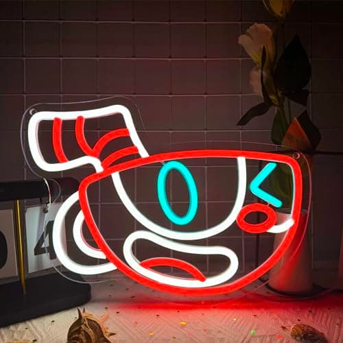 Image of Foxiden Cuphead Neon Sign, Mugman Game Sign, USB Powered, Dimmable, Modern Style, Blue, Neon Light, 13.4 x 8.7 inches