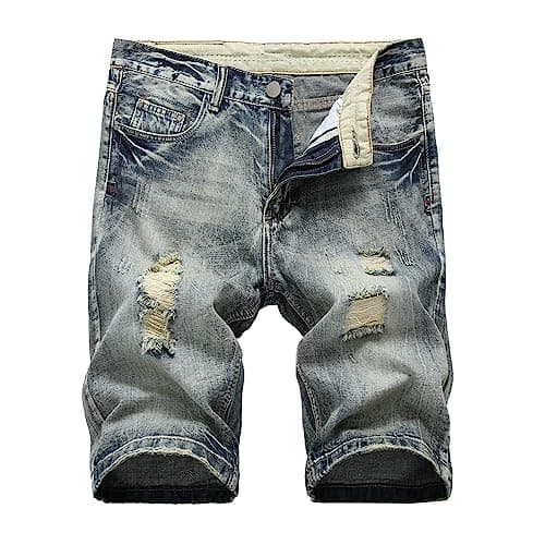 Image of Jeans Shorts for Men Uk, Denim Cargo Shorts Men, Ripped Stretch Soft Washed Distressed Vintage Slim Fit Classic Denim Shorts Comfort Flex Denim Jeans Short Pants