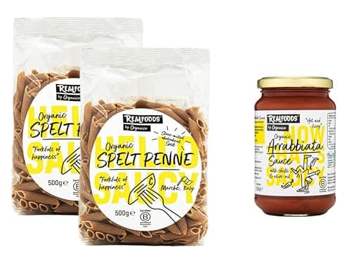 Image of Realfoods by Organico | Organic Spelt Penne Pasta 500g (Pack of 2) + Arrabbiata Sauce – Artisan-Made with Ancient Grain Triticum Dicoccum, Grown in Italy.