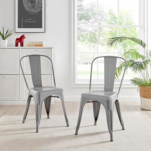 Image of Furniturebox UK Colton 2x Grey Metal Dining Chairs for Kitchen Or Dining Room Tolix Inspired Design Steel Powder Coated Stackable Lightweight Retro Bistro Industrial Dining Furniture Set of 2 Chairs