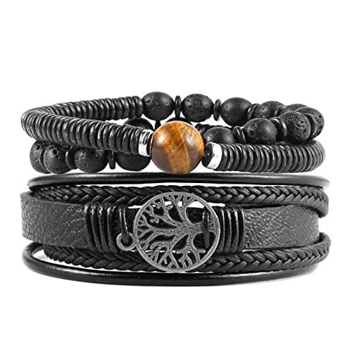 Image of HZMAN Genuine Leather Tree of life Bracelets Men Women Tiger Eye Natural Stone Lava Rock Beads Ethnic Tribal Elastic Bracelets Wristbands (Black)