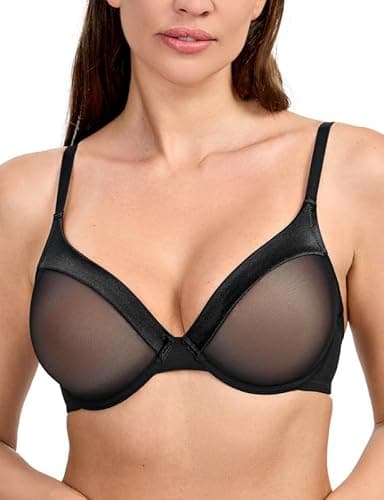 Image of WingsLove Sheer Lace Bra Sexy Demi See Through with Mesh Full Coverage Underwire No Padded Bralette Support Bras(Black,34B)