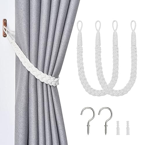 Image of Pretty Jolly 2 Pack Natural Cotton Rope Curtain Tiebacks Elegant Boho Style Decorative Drape Tie Backs Soft Hand-Woven Rope Curtain Holdbacks with Metal Hook for Home & Office Drapery (White)