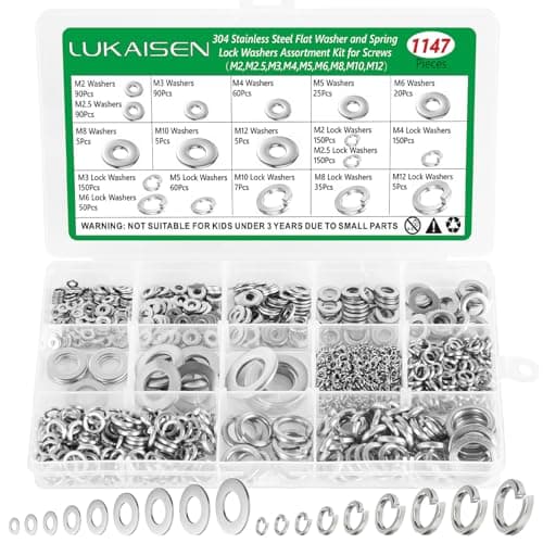 Image of Lukaisen 1147PCS 304 Stainless Steel Flat and Spring Washers Assortment Kit, M2-M12 Metric Plain & Split Lock Washers Set, Corrosion Resistant Metal Gaskets for RC Hobbyists, DIY, and Machinery Repair