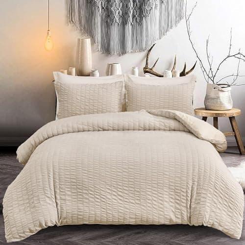 Image of Beige Luxury Classic Seersucker Duvet Cover Bedding Set with 2 Pillowcases Soft Microfiber Puckering Super King Duvet Cover 220 x 260cm
