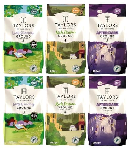 Image of Taylors of Harrogate Ground Coffee Variety Pack 200g (Pack of 6, Total 1.2kg) – Lazy Sunday, Rich Italian & After Dark