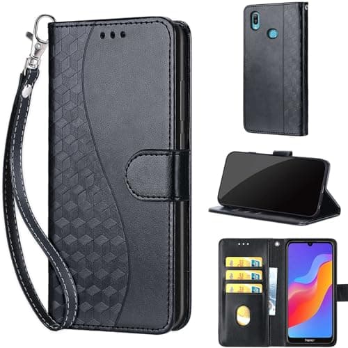 Image of for Huawei Y6 2019 / Honor 8a Case, Embossed Premium PU Leather Folio Flip Notebook Wallet Cover Compatible with Huawei Y6 2019 / Honor 8a Phone Case [Kickstand][Card Slots], Black Cube