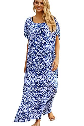 Image of LikeJump Women's Cotton Print Kaftan Swimsuit Kimono Cover Up Loose Beach Robe Maxi Dress