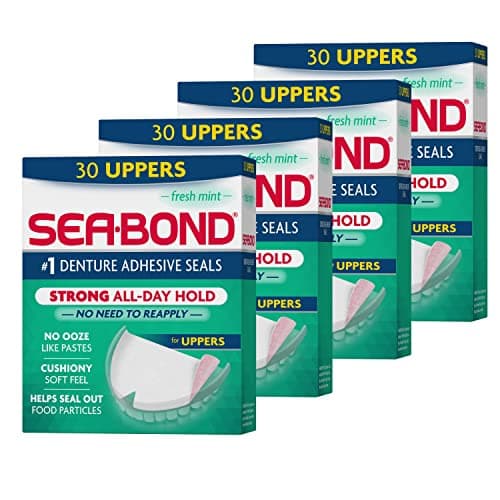 Image of Sea-Bond Secure Denture Adhesive Seals, Fresh Mint Uppers, Zinc-Free, All-Day-Hold, Mess-Free, 30 Count (Pack of 4)
