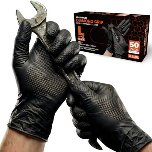 Image of PRAIMA Mechanic Gloves, Diamond Grip Black Nitrile Disposable Gloves | Powder-Free, Latex-Free, Extra Thick & Strong Rubber Gloves for Work, Automotive, Industrial, and Cleaning Use (L, 50, count)
