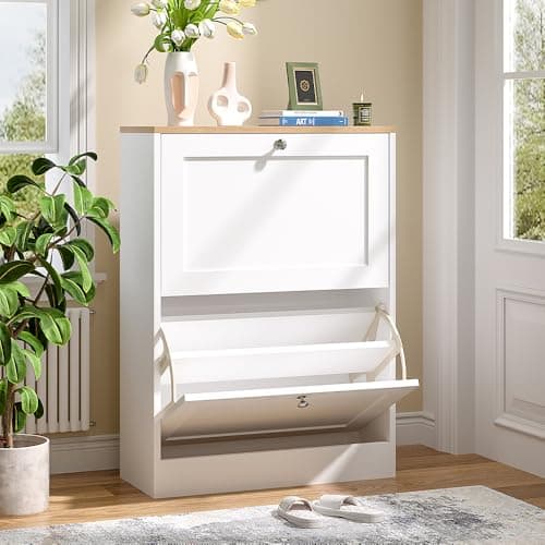 Image of Warmiehomy 2 Drawer Shoe Cabinet with Flip Doors, Narrow Shoe Storage Cabinet with Removable and Adjustable Shelves, Freestanding Footwear Cupboard for Entryway, Hallway, Living Room, Bedroom, White