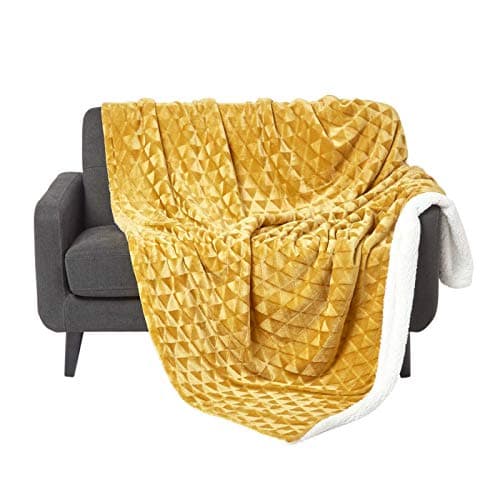 Image of HOMESCAPES Patterned Sherpa Fleece Throw Blanket - Soft Velvet Sofa Throw, Warm Fluffy Blanket For Beds, Thick & Cosy Reversible Blankets, Triangular Geometric Design - Mustard Yellow, 160 x 200cm