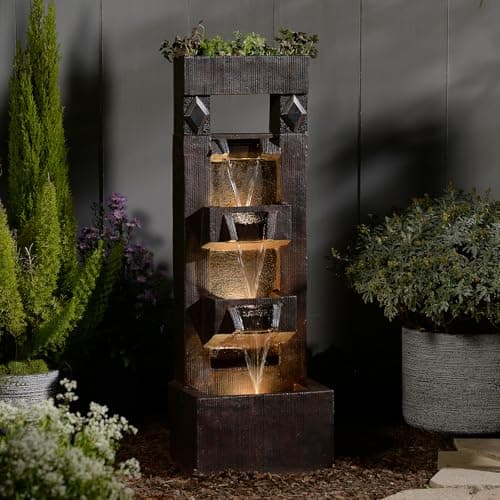 Image of Bumilgar 104CM Garden Water Features, 4-Tiers Resin Water Fountain, Modern Floor-Standing Waterfall With Lights For Patio, Backyard, Deck, Porch, Home Decor, Brown
