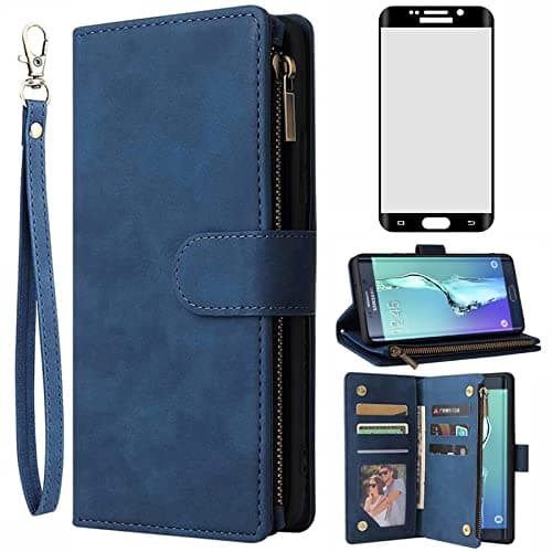 Image of Asuwish Compatible with Samsung Galaxy S6 Edge Plus Wallet Case Tempered Glass Screen Protector and Flip Cover Card Holder Stand Cell Phone Cases for Glaxay S6edge + S 6edge 6s 6 Edge+ Women Men Blue