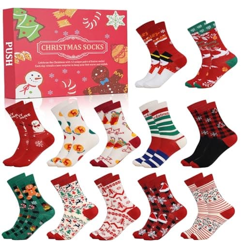 Image of ANOTION 2025 Christmas Advent Calendar - 12 Days of Warm Socks for Women, Holiday Countdown Calendar Gifts, 12 Pairs With Christmas Tree, Elk, Snowman Patterns